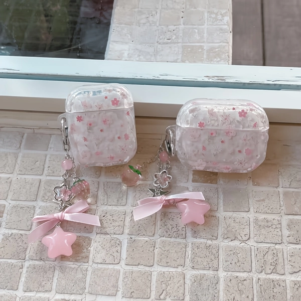 Fresh Translucent Pink and White Small Floral Pattern Headphone Case with Bow, Star, and Strawberry Bead Charm, 2pcs Set. Compatible with 4th/3rd Gen, Pro, Pro 2, 2nd Gen, 1st Gen, and 3rd Gen Pro Models