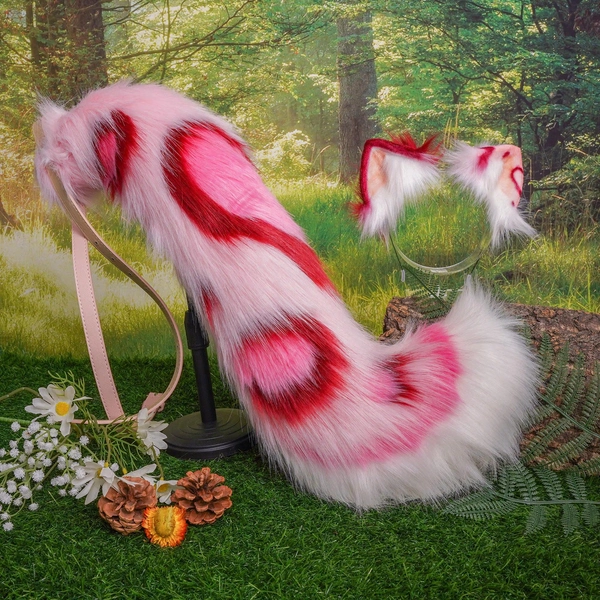 Kattenoren en -staart namaakbont roze hart, kemonomimi-set, romantische accenten, verstelbare hoofdband en tailleriem voor anime-conventies,