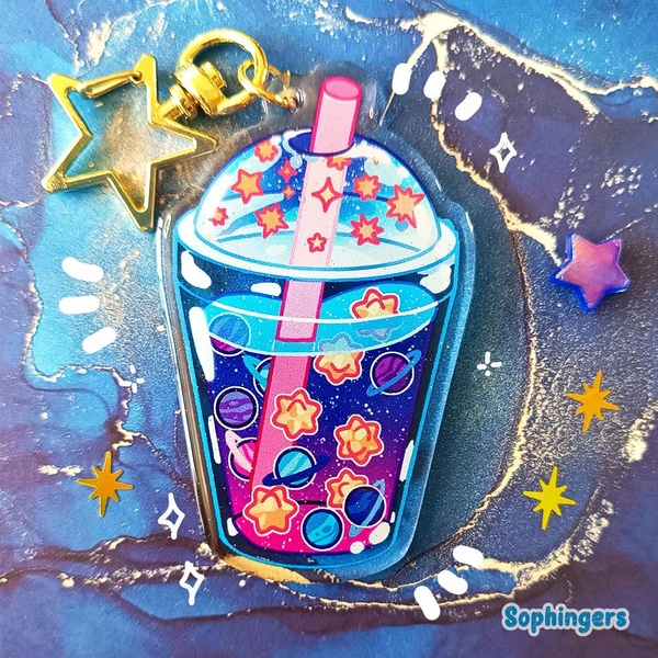Space Bubble Tea Keychain // Glittery Clear Acrylic Keychain