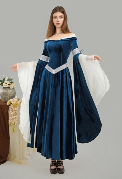 Medieval Renaissance Costume Elf Style Off Shoulder Blue Velvet Long Slim Dress