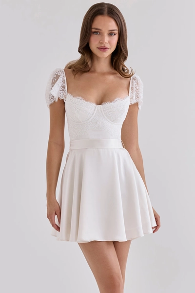 Selena White Satin + Lace Mini Dress With Detachable Waist Tie