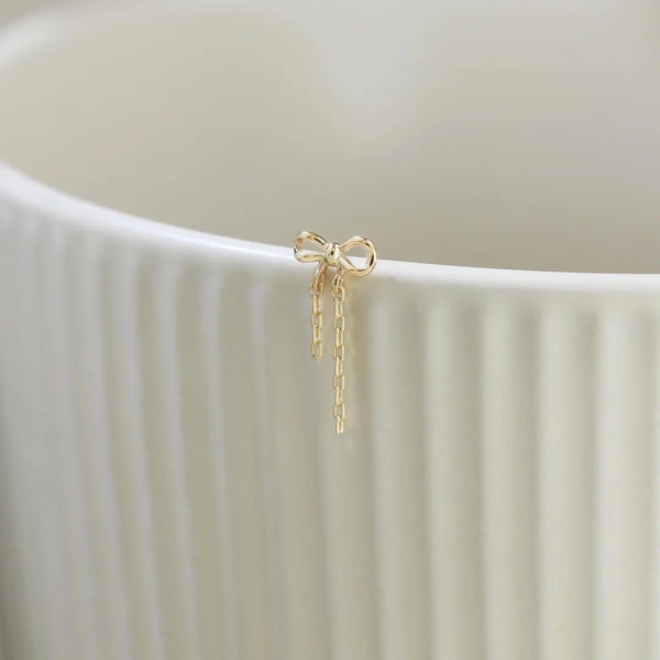 14K Solid Gold Bowknot Dangle Chain Stud Earring Bow Chain Drop Threadless Push Pin Dainty Piercing
