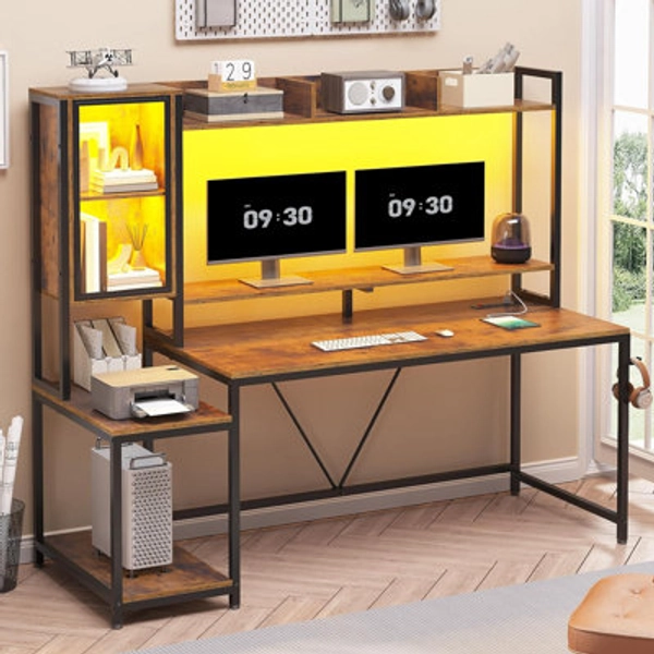 Wrought Studio™ Gaming Desk With Led Lights & Power Outlets, Computer Desk With Hutch, Home Office Desk With Monitor Stand, Display Cabinet, Hooks & Cpu Stand