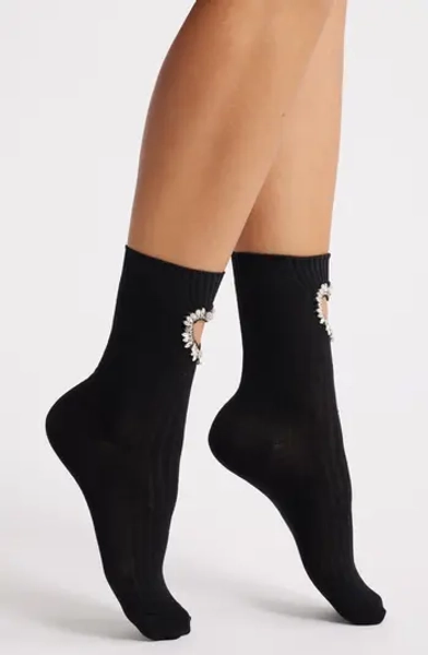 Crystal Heart Cutout Crew Socks