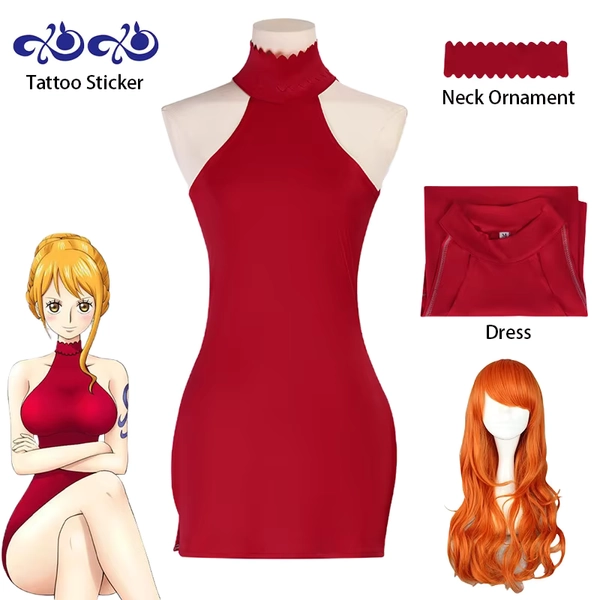 Disfraz de Nami de Anime para mujer, vestido rojo de Nami, uniforme de peluca, tatuajes de transferencia, disfraz de Halloween para mujer, Comic Con - AliExpress 200000532