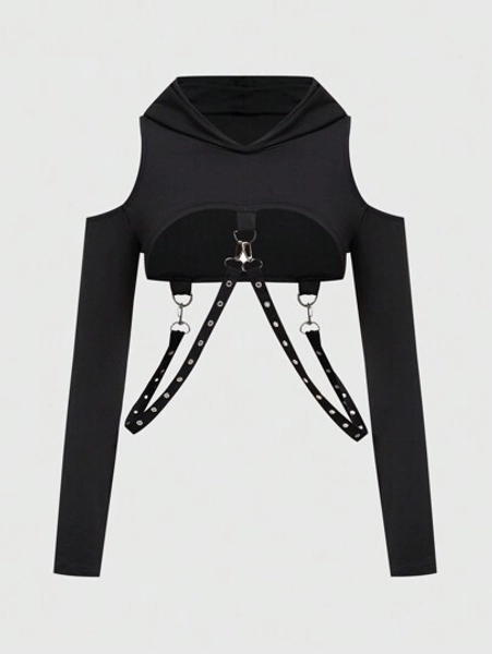 ROMWE Grunge Punk Ultra Short Hooded Spliced Sweatshirt With Chain For Women, School,Long Sleeve Tops Graduation,Back To School Outfits,Graduation,Teacher Outfits For Women,Back To School