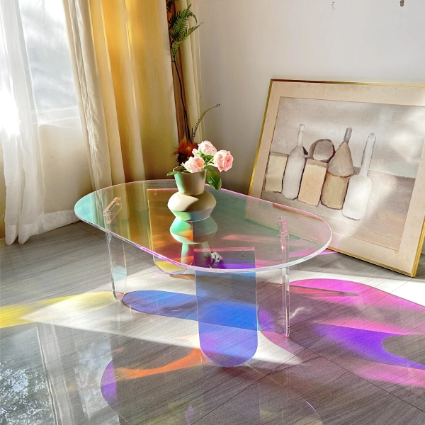 Rainbow Acrylic Coffee Table Iridescent Colorful Side Table Rainbow Color with PVC Mat