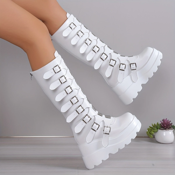 Women's Wedge Heeled Boots, Fashion Buckle Strap Design Platform Boots, Women's Stylish Back Zipper Boots carnaval & Music Festival