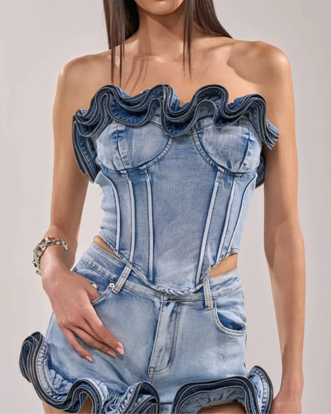 Wavy Ruffle Top For Women Demin Corset With Zipper (Pre-sale)