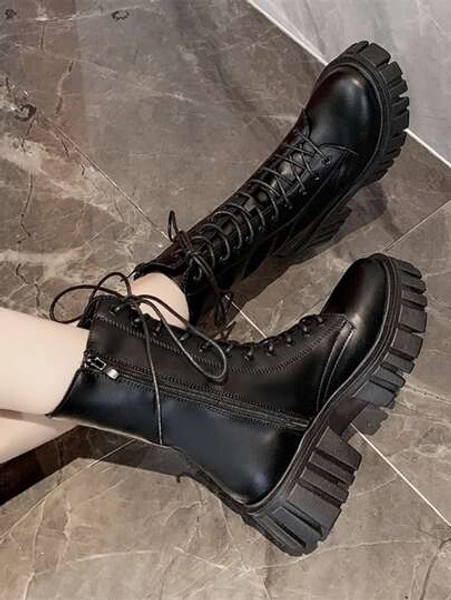 Botas femininas pretas de cor sólida, outono/inverno 2025, jeans fashion com cadarço, jeans fashion com zíper lateral, botas rasas para o Dia dos Namorados
