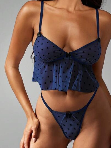 MISSGUIDED Polka Dot Mesh Babydoll Bralette Thong Set Flirty Ruffle Flare Peplum Lingerie Nightwear Adjustable Spaghetti Strap Delicate Bow Detail Intimate Apparel Gift - Size XS