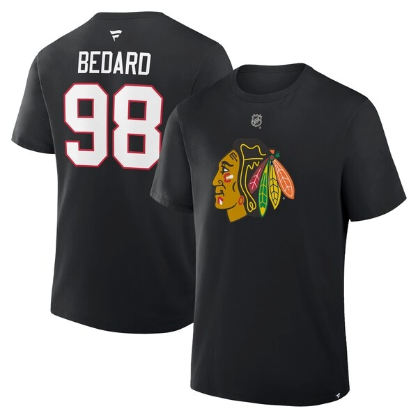 Men's Chicago Blackhawks Connor Bedard Fanatics Black Authentic Stack Name & Number T-Shirt