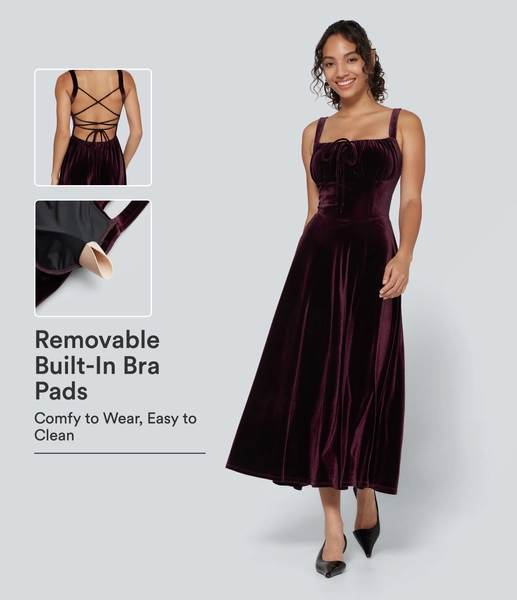 Large Dusky purple Square Neck Lace Up Ruched Built-in Bra Corset Velvet Midi Casual Milkmaid Dress