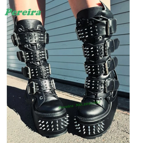 Black studded belt-buckle knee-high boots