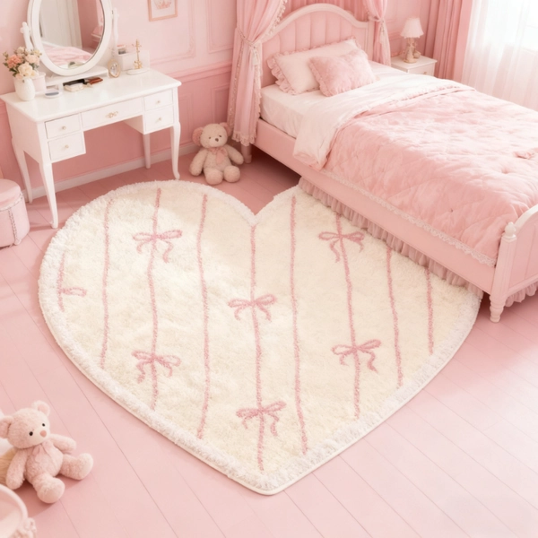 Faux Imitation Cashmere 1000g+10mm Simple Ins-Style Living Room Rug with Cute Bow, Bedroom Decor Heart-Shaped Rug, Thickened Non-Slip Mat for Home Use, Irregular Shape for Bedside Bay Window, Plush Fluffy and Soft Washable Rug for Lounge