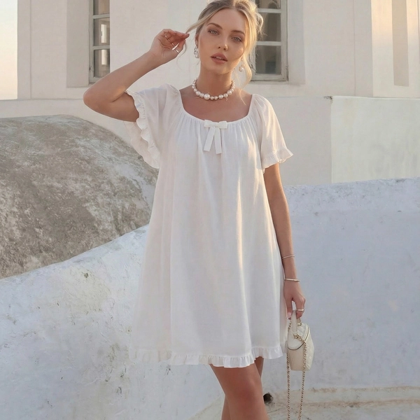 Palace Vacation Style Mid-length Pure White Simple and Comfortable White Dress Nightgown