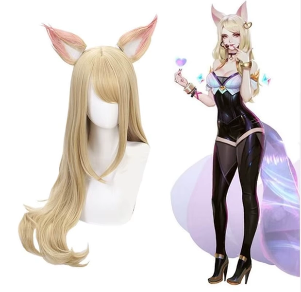 K/DA kda Ahri Parrucca per capelli cosplay volpe a nove code + orecchio + cuffia per parrucca