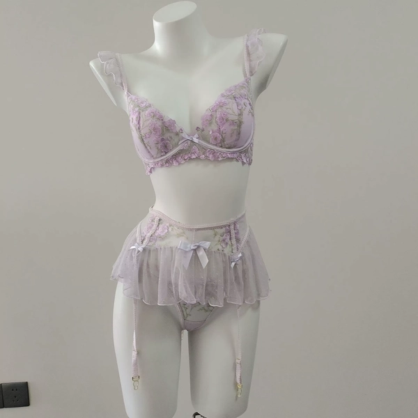 New Women's Underwear Flower Embroidery Steel Tray Transparent Mesh Bra & Brief Sets with Garter Belt Push Up Bras Bralette - AliExpress 200574005