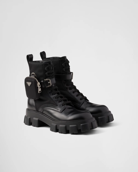 Monolith brushed leather and Re-Nylon boots with pouch