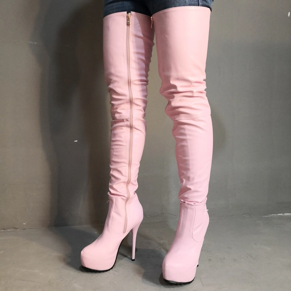 Fleece Lined winter Pink Women Over Knee Boots Round Toe Platform High Heels Boots Shoes