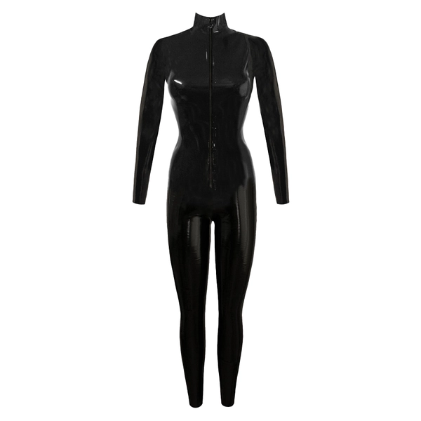 Latex Front Zip Catsuit w/ Dressing for Pleasure Luxury Lubricant 20ml in supatex black