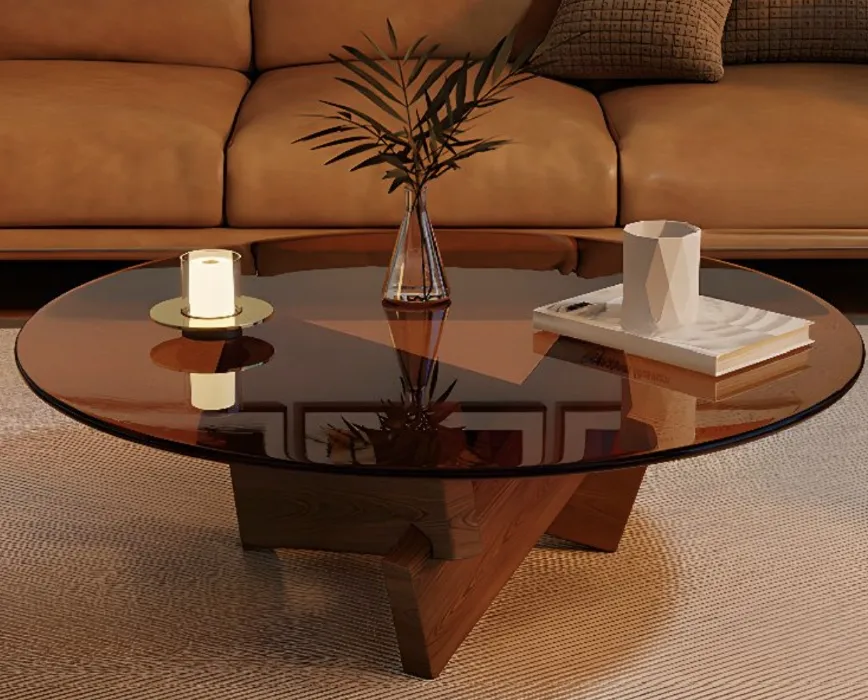 Mid-Century Round Glass Coffee Table with Sculptural Solid Wood Base - Tan 31"L x 31"W x 12"H Walnut Coffee Tables