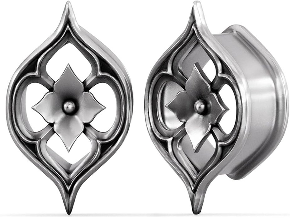 PUNKYOUTH 1 Pair Cathedral Rose & Petal Ear Tunnels – Gothic Screw Back Plugs & Double Flare Gauges, Alternative Stretched Ears Jewelry, Saddle Stretching Plugs for Women