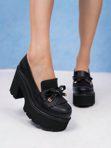 Women's Wedge Heel Thick Platform Shoes With Bow Knot, Waterproof, Rounded Toe, Chunky Heel, Black