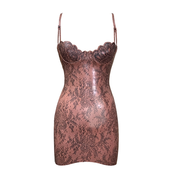 Latex Restricted Scallop Cup Mini Dress in supatex light brown lace