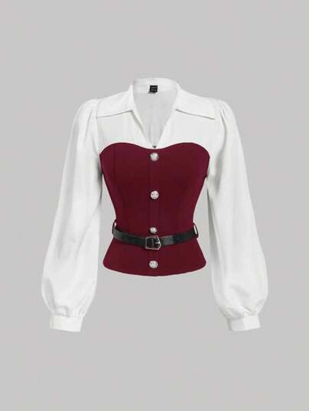 SHEIN MOD Women's Burgundy And White Elegant Shirt With Belt, Women Shirt, New Year Women Clothes,Elegant Women,Business Casual Women,Going Out Tops,Red Top,Christmas
