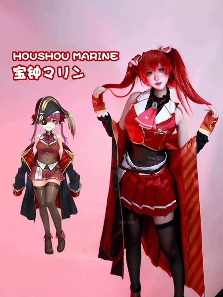 Disfraz de Cosplay de Virtual Anchor Houshou Marine, VTuber Hololive, Abrigo de Capitán, Vestido Rojo, Sombrero, Peluca, Conjunto Sexy para Mujer para Fiesta de Carnaval - AliExpress 200000532