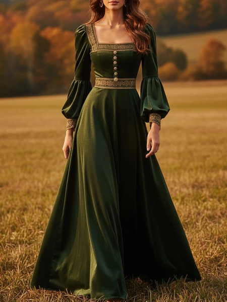 Maxi Cotton Dress, Long Sleeves, Square Neck, Plain, Lace, Vintage, Green