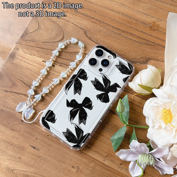 Phone Case: The Product Is a 2D Image, Not a 3D Image. A Convenient Short Lanyard Phone Case with a Transparent Black Air-cushion Bow, Featuring Easy and Convenient TPU Drop-proof Protection. Suitable for iPhone 11/12/13/14/15/16/17 Pro Max