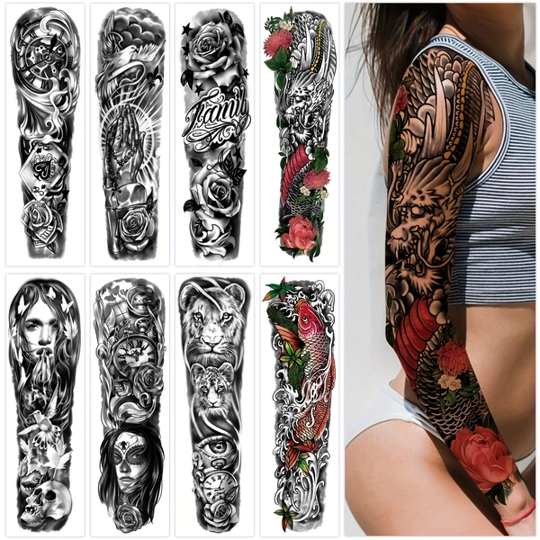 8 Sheets Bold Full Arm Temporary Tattoo Sleeves - Realistic Japanese Style Koi, Dragon & Lion Art, Waterproof Long-Lasting Body Stickers for Adults, Vibrant Colors, Easy Application, Perfect for Parties, Events & Casual Attire, Party Accessories