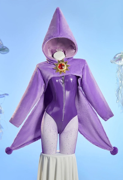 PM Derivative Sexy Cosplay Costume Tight Leather Bodysuit with Plush Pointed Hat Cape and Gloves