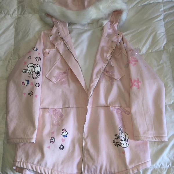 oversized Fluffybunnyclub pink fur lined jacket with...