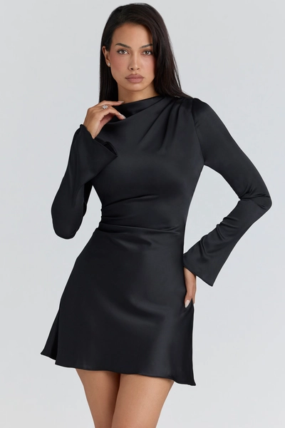 Lulu Black Satin Long Sleeve Mini Dress