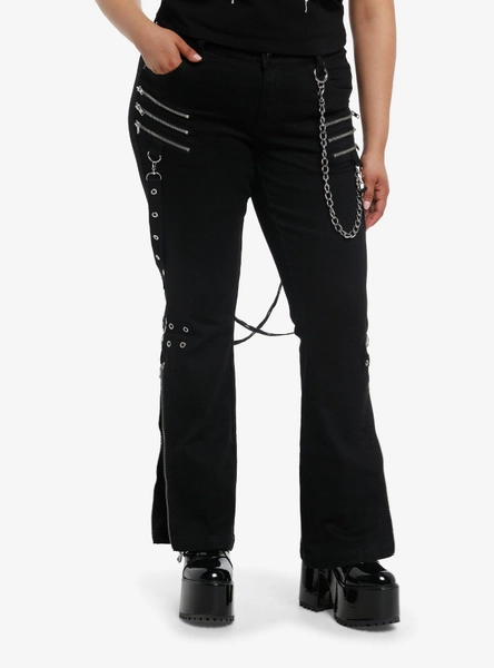 Social Collision Black Zipper Chain Suspender Flare Pants Plus Size