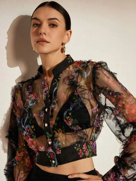 Sheer Floral Button-Up