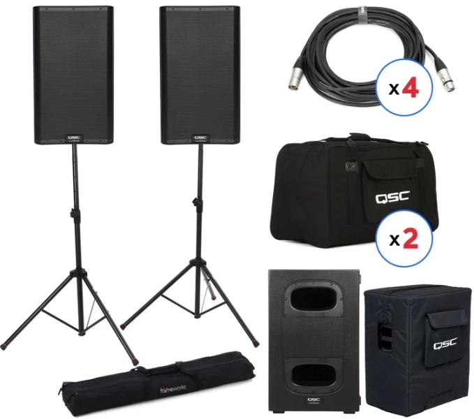 K12.2 Powered Speaker pair with KS Cardioid Sub, Stands, Covers, and Cables Bundle