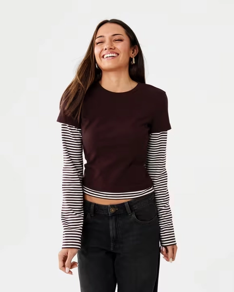 Long Sleeve Double Layer Top Choc Plum Size 12