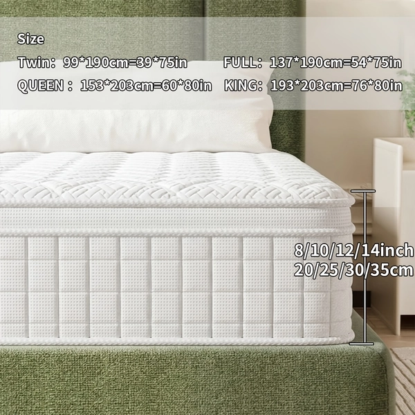 TEMU 10''/12''/14'' Inch Queen Hybrid With Gel Memory Foam And Pocket Springs, King Size Mattress Upgraded Support, Medium