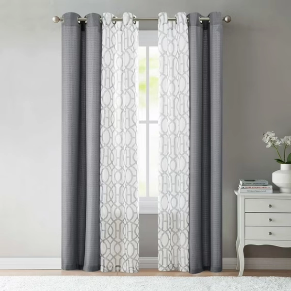 Mainstays Kingswood Solid and Printed Sheer Grommet Curtain Panel Set, 4 Piece, Gray Flannel, 27.5" W x 84" L