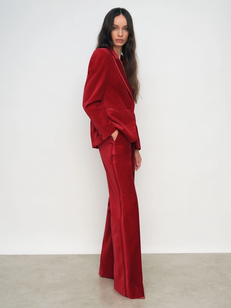 Velvet Tuxedo-Stripe Flared Trousers in Red