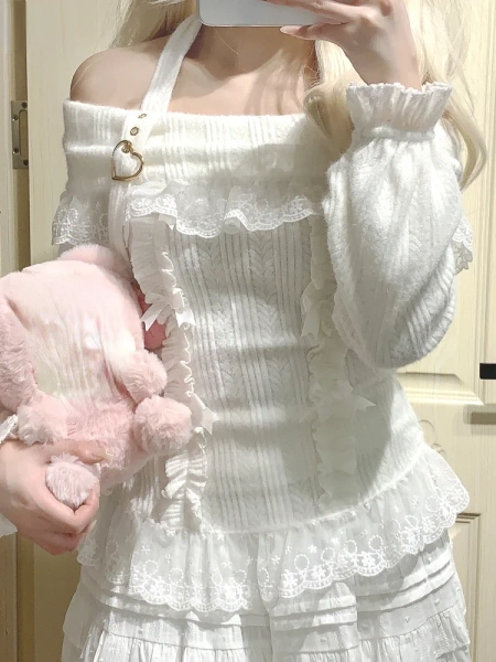 Suéter Lolita con Hombros Descubiertos para Mujer, 2026, Kawaii, con Encaje, Patchwork, Estética Y2K, Estilo Japonés, Top Corto, Jersey - AliExpress 200000345
