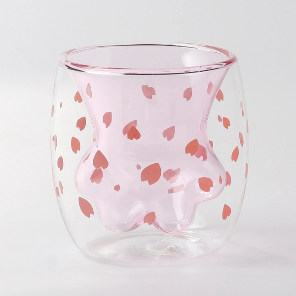 Cat Paw Cherry Blossom Cup Cute Sakura Double Wall Glass Cups 4 OZ - Pink