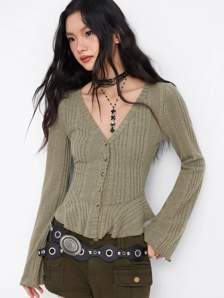 Fleece-lined V-neck Bell Sleeve Ruffle Hem Button Top