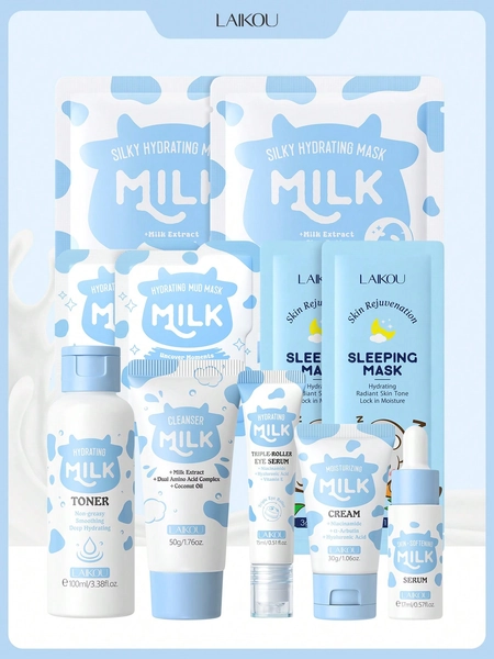 1 Set Moisturizing LAIKOU Milk Glowing Skincare Set,(Rejuvenation Sleeping Mask 3ml *2& Milk Hydrating Toner 100ml & Milk Skin-Softening Serum 17m & Milk Cleanser 50g& Milk Silky Hydrating Mask 25g & Milk Hydrating Mud Mask 5g*2 & Milk Hydrating Triple-Roller Eye Serum 15ml & Milk Moisturizing Cream 30g)Moisturizing Relief Skin Care Gift Boxes Deep Nourishing Skin Care Gift Bag For Travel, Camping, Hiking, Climbing, Outdoor