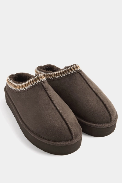 Chocolate Brown Faux Suede Embroidered Mules In Wide E Fit & Extra Wide EEE Fit 4E