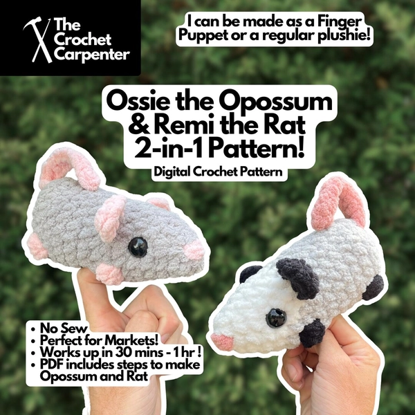 Ossie the Opossum & Remi the Rat - Finger Puppet + Plushie Crochet PDF Pattern - Digital Download | the Crochet Carpenter - Etsy Australia